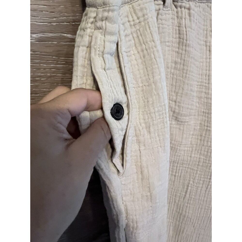 Women Cream Crinckled Cotton Textured Pants Sz Large Elastic Waist Upwest — image 3 of 8